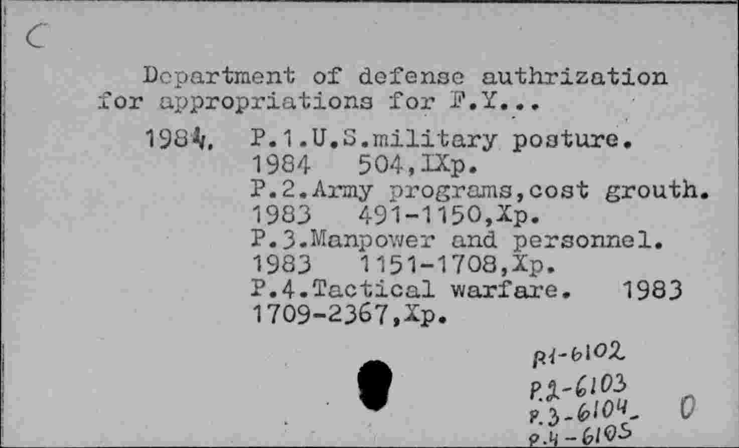 ﻿Department of defense authrization or appropriations for P.Y...
198^, P.1.U.S.military posture.
1984	504,IXp.
P.2.Army programs,cost grouth.
1983	491-1150,Xp.
P.3.Manpower and personnel.
1983	1151-1708,Xp.
P.4.Tactical warfare. 1983 1709-2367,Xp.
?.3-	6
p .U —